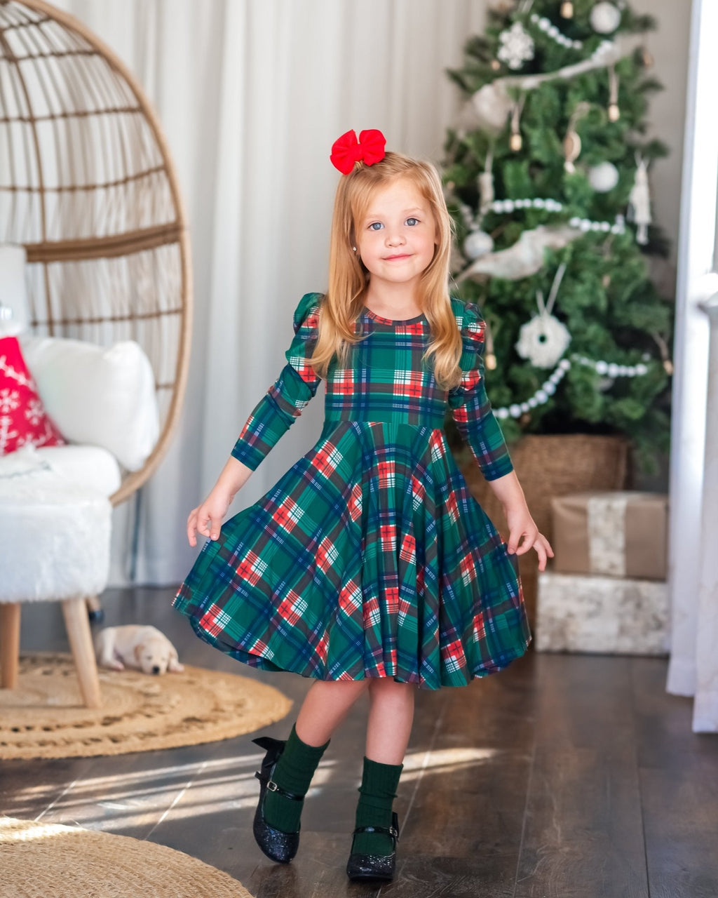 Christmas Plaid Puff Sleeve Twirl Dress