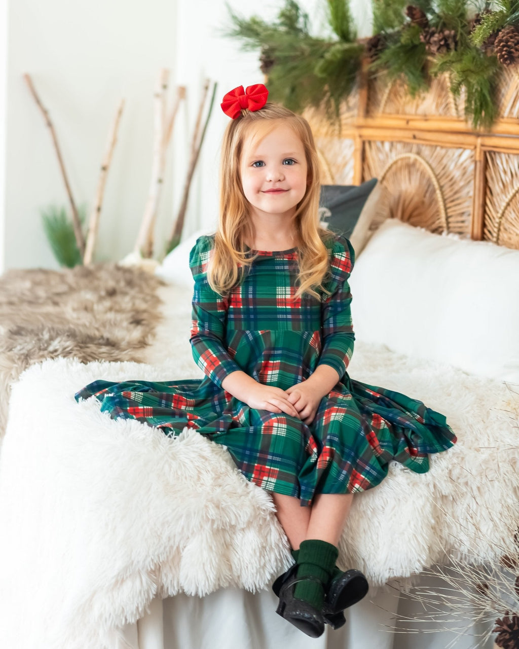 Christmas Plaid Puff Sleeve Twirl Dress