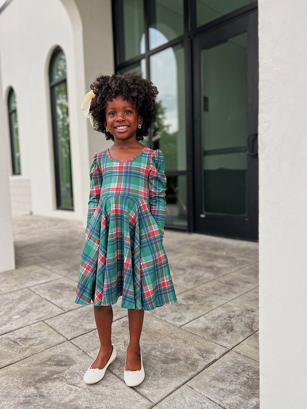 Christmas Plaid Puff Sleeve Twirl Dress