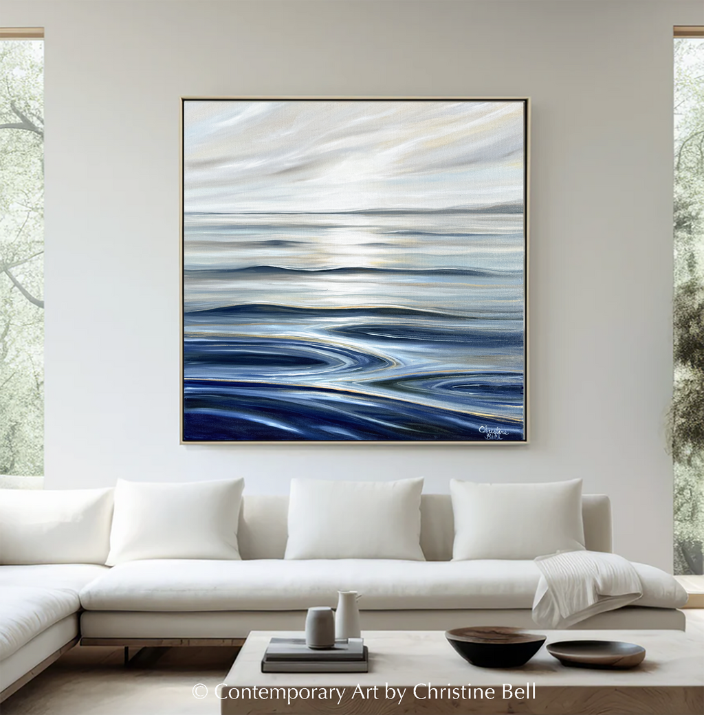 "Calm Waters II" GICLEE PRINT Coastal Seascape Painting, Navy Blue, Grey, White