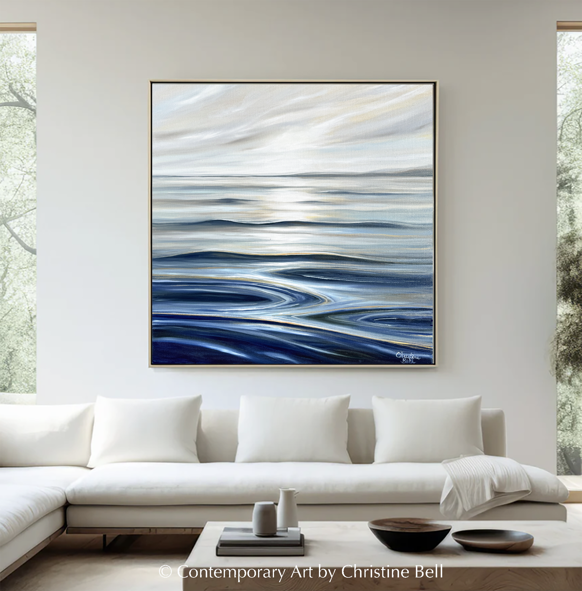 "Calm Waters II" GICLEE PRINT Coastal Seascape Painting, Navy Blue, Grey, White