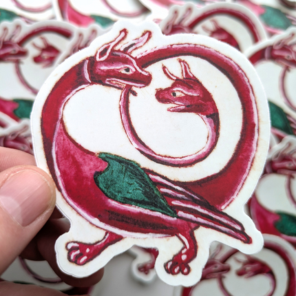 Mythic Twin-Headed Dragon Sticker - Crimson Ouroboros Art Decal - Mystical Creature Vinyl Sticker