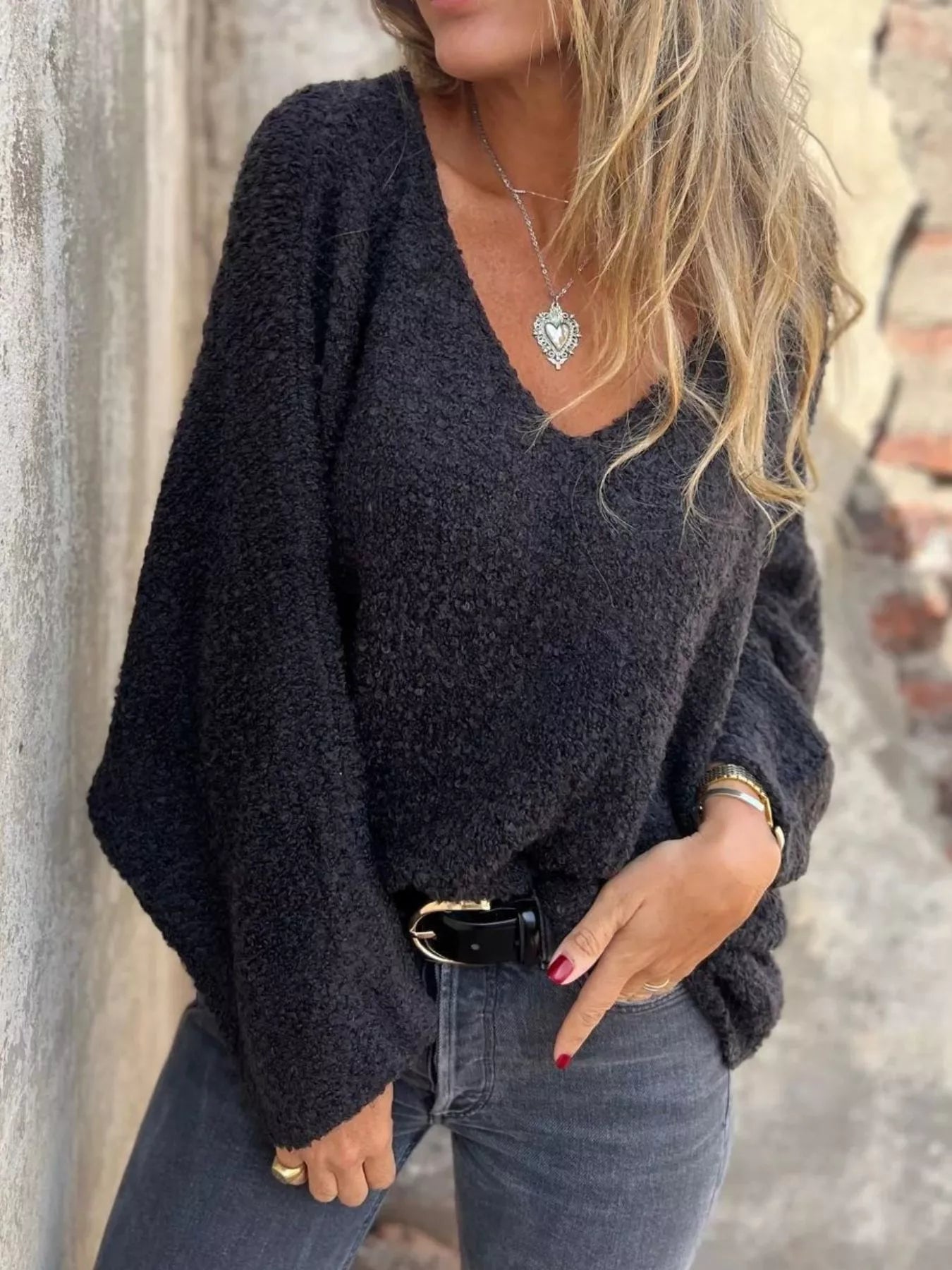 Full Size V-Neck Long Sleeve Sweater Plus Size
