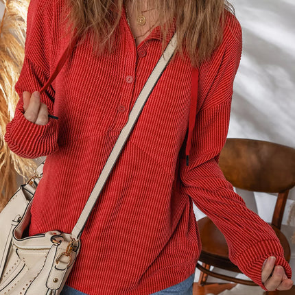 Twist Ribbed Half Button Collared Drawstring Top