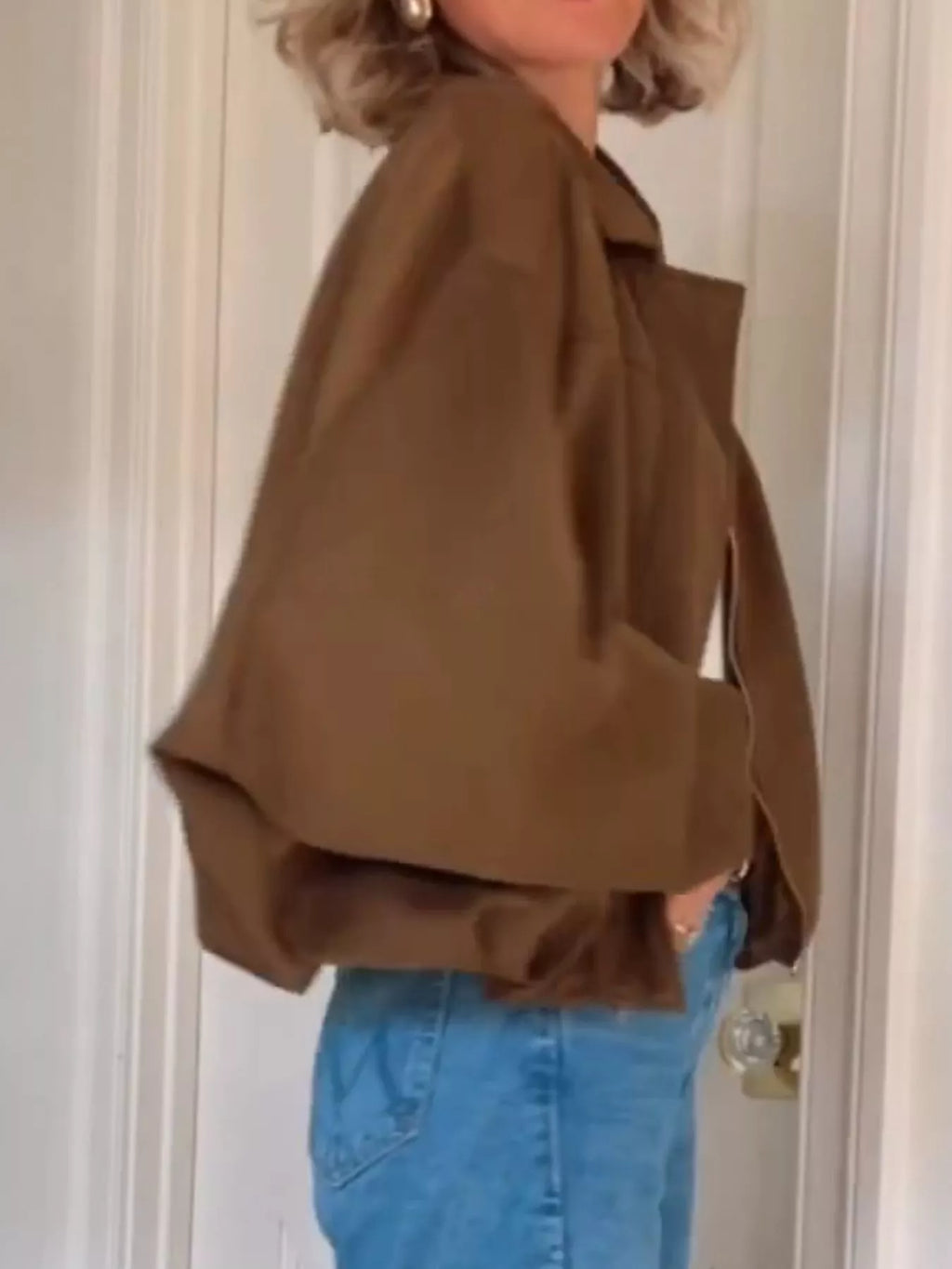 Zip Up Dropped Shoulder Suede Jacket