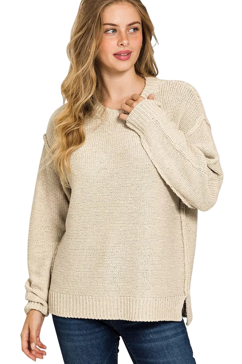 Exposed Seam Round Neck Sweater