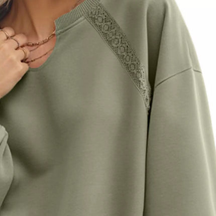 Lace Detail Notched Long Sleeve Sweatshirt