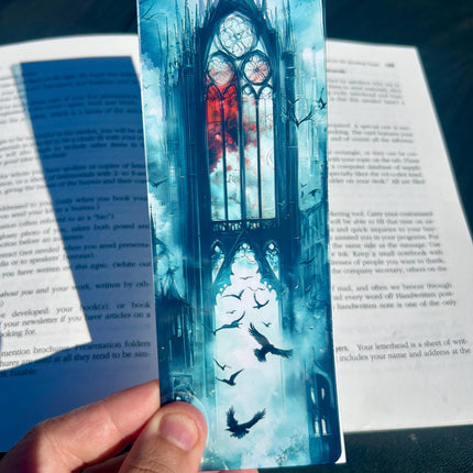 Gothic cathedral and ravens bookmark with stained glass and misty skies | dark fantasy gothic art