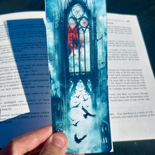 Gothic cathedral and ravens bookmark with stained glass and misty skies | dark fantasy gothic art