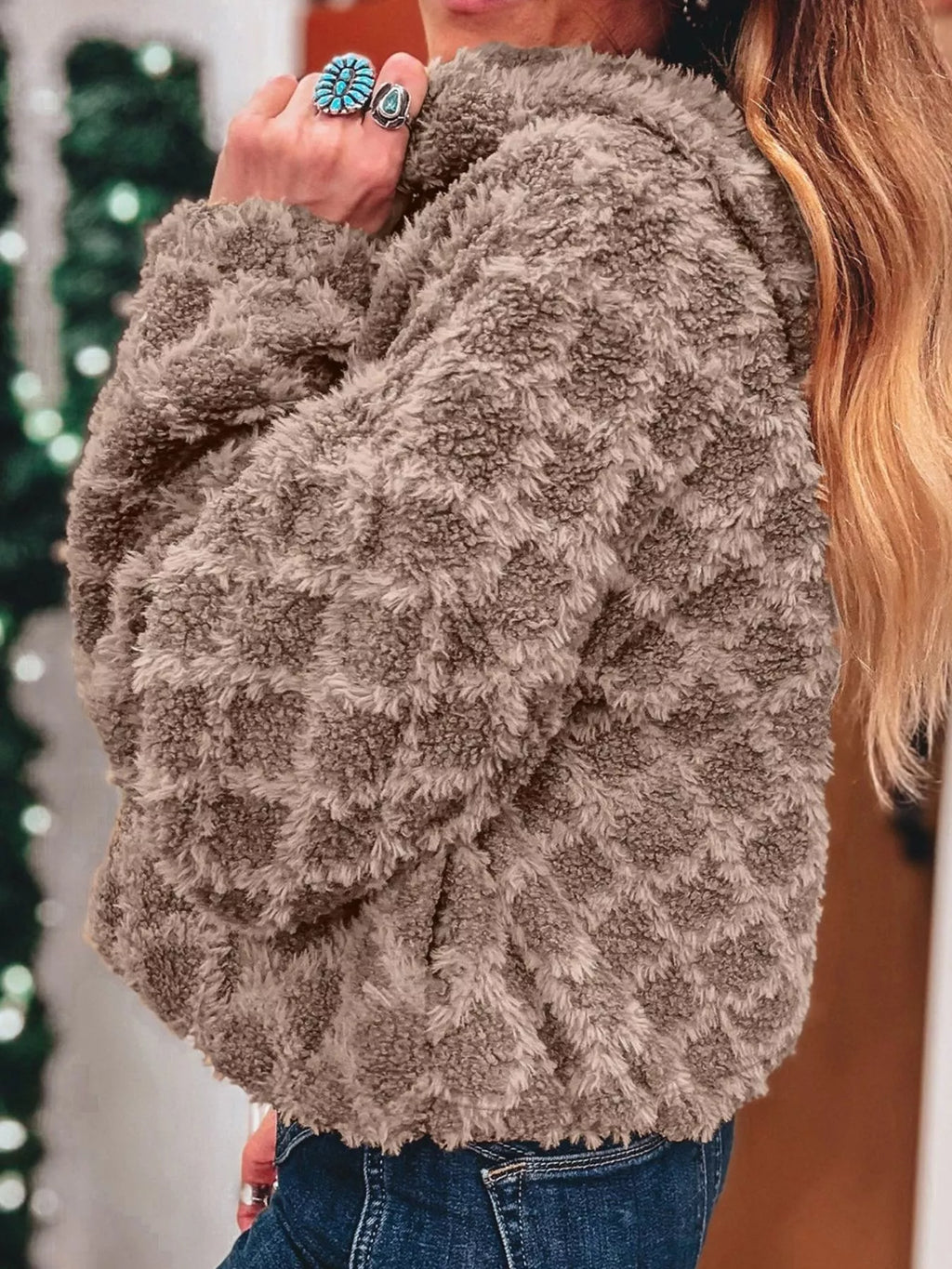 Sherpa Rhombus Zip Up Side Pocket Hooded Jacket