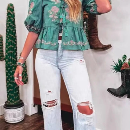 Tie Front Puff Sleeve Blouse