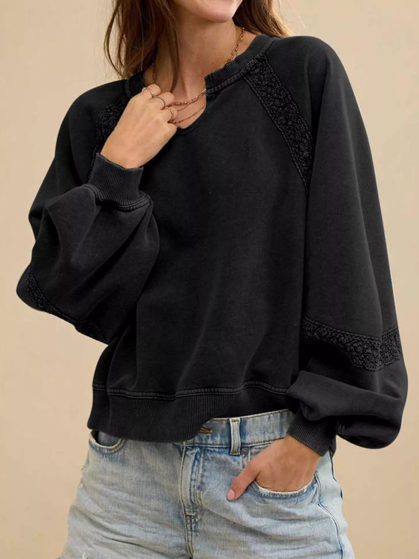 Lace Detail Notched Long Sleeve Sweatshirt