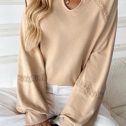 Lace Detail Notched Long Sleeve Sweatshirt