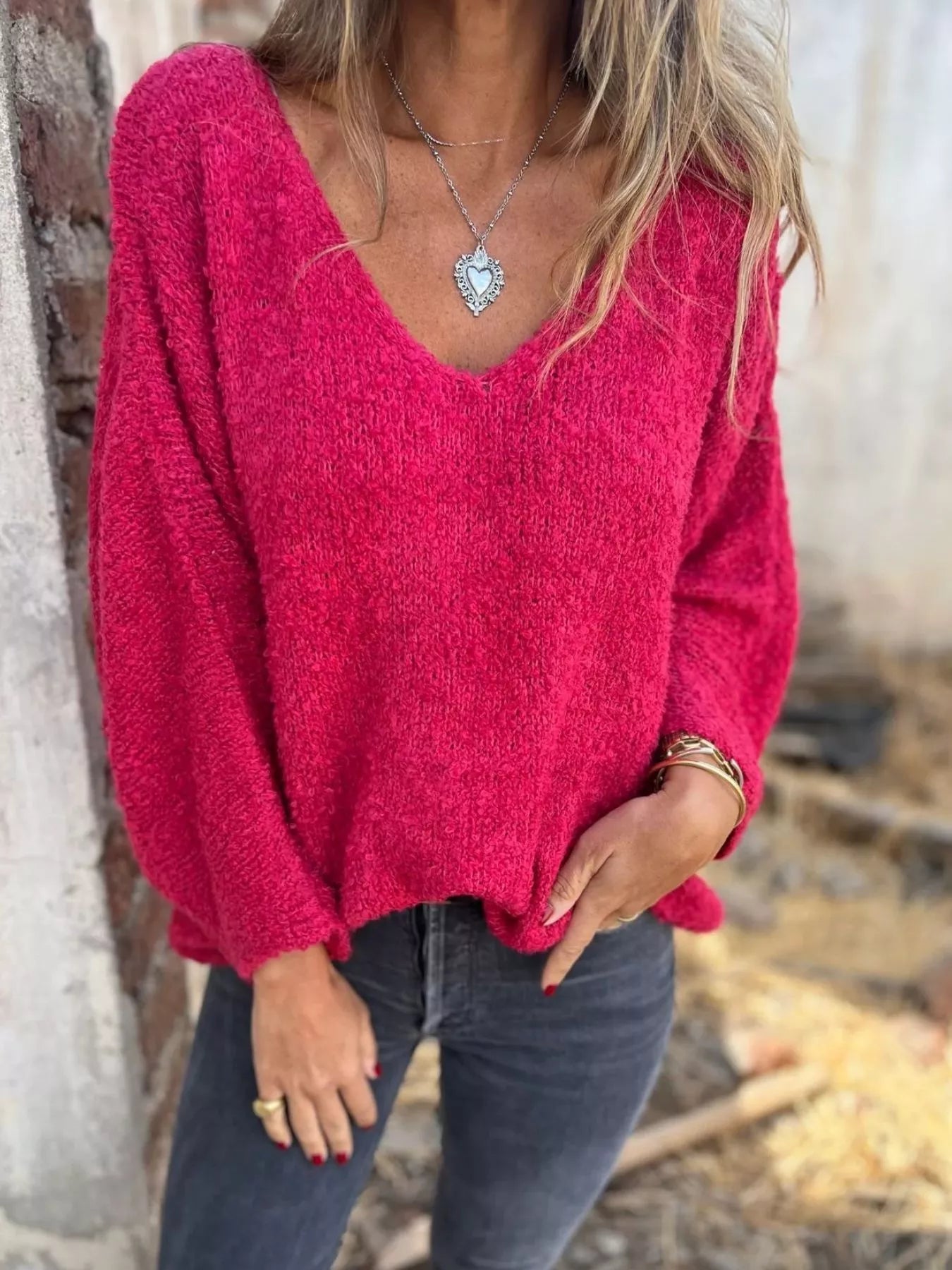 Full Size V-Neck Long Sleeve Sweater Plus Size