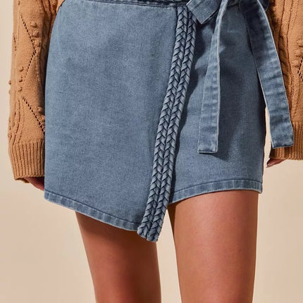 SO ME Wrap Braided Trimmed Denim Skort