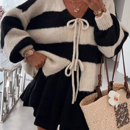 Striped Tie-Front Knit Cardigan