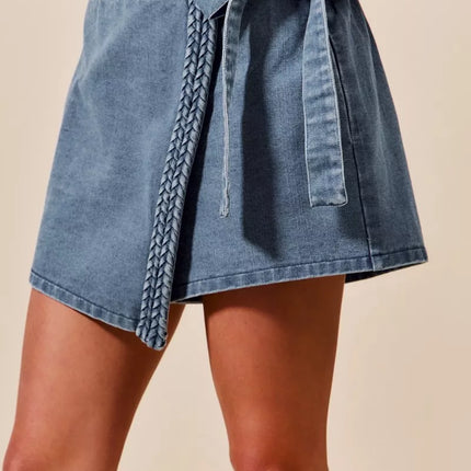 SO ME Wrap Braided Trimmed Denim Skort