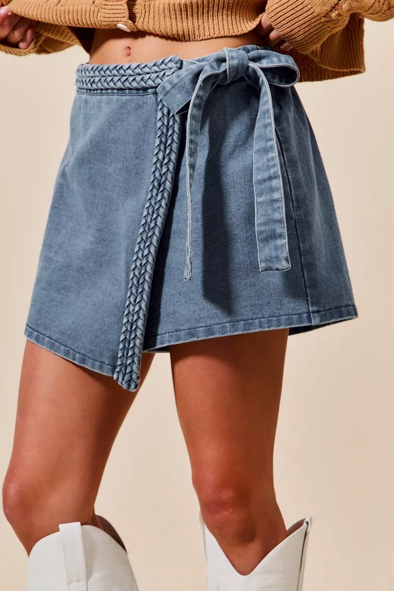 SO ME Wrap Braided Trimmed Denim Skort
