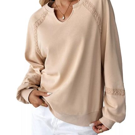 Lace Detail Notched Long Sleeve Sweatshirt