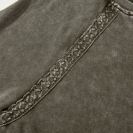 Lace Patchwork Detail Notched Mineral Wash Sweatshirt