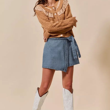 SO ME Wrap Braided Trimmed Denim Skort