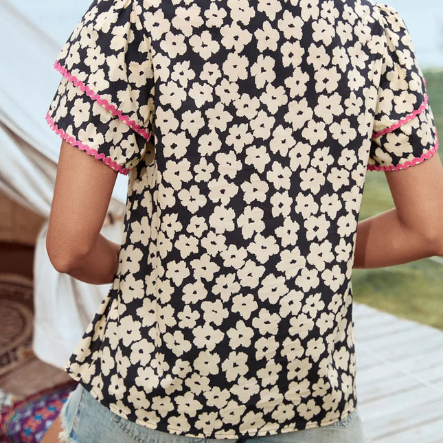 Floral Print Short Sleeve Blouse with Contrast Trim