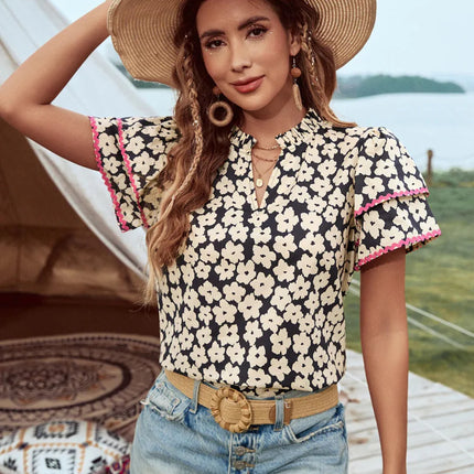 Floral Print Short Sleeve Blouse with Contrast Trim