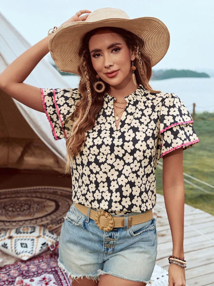 Floral Print Short Sleeve Blouse with Contrast Trim