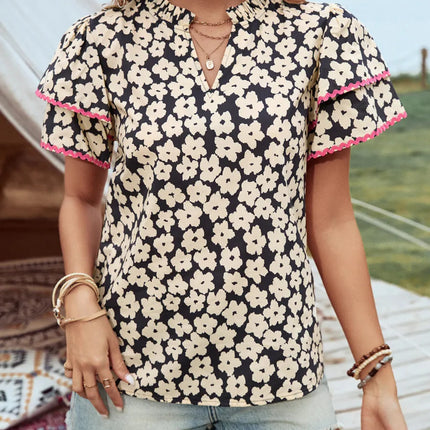 Floral Print Short Sleeve Blouse with Contrast Trim