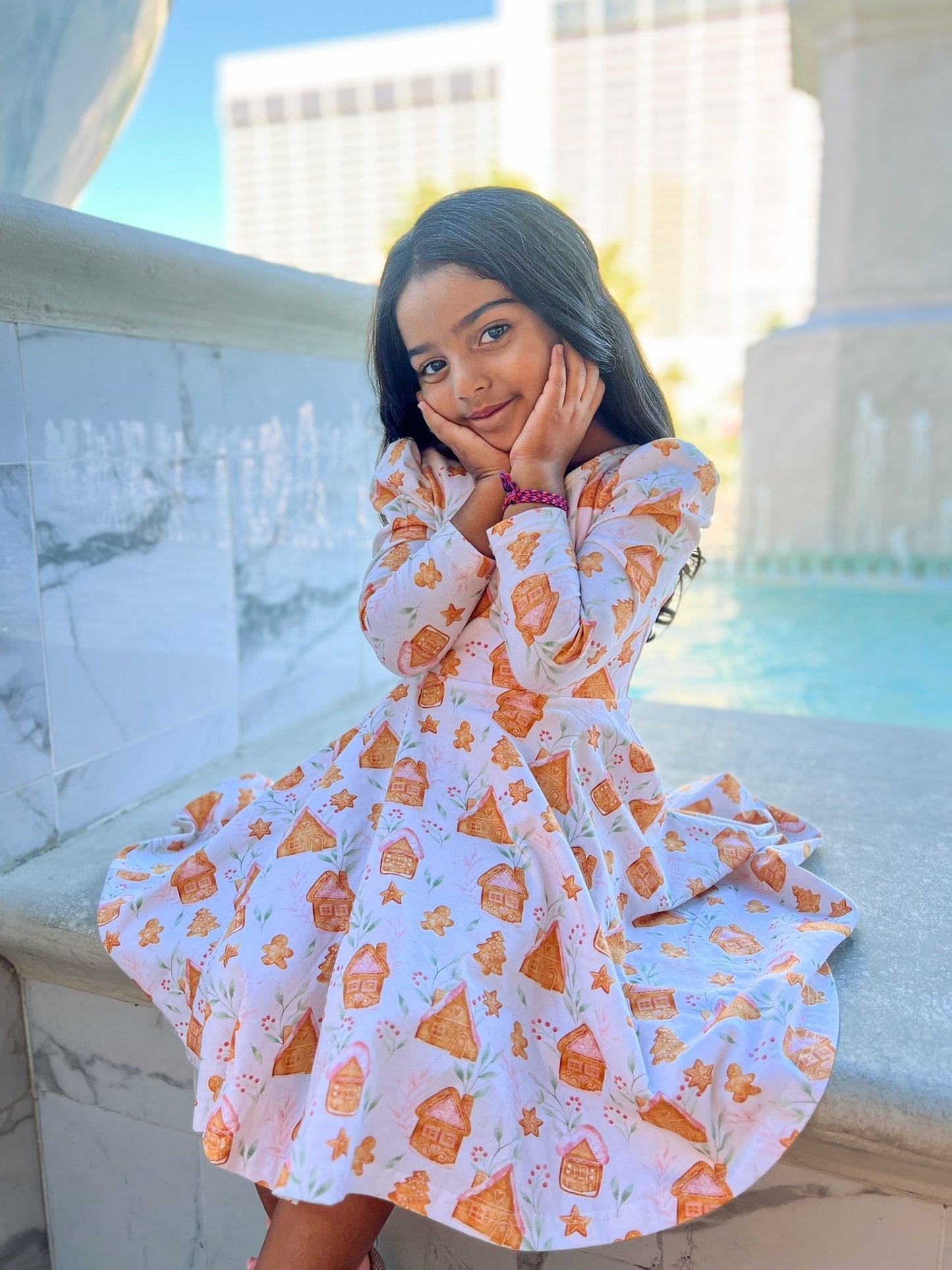 Gingerbread Village Puff Sleeve Twirl Dress