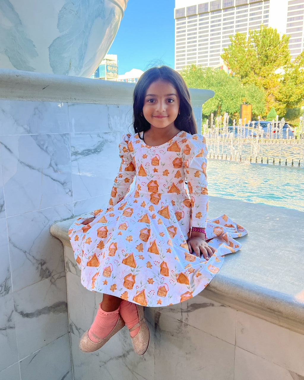 Gingerbread Village Puff Sleeve Twirl Dress
