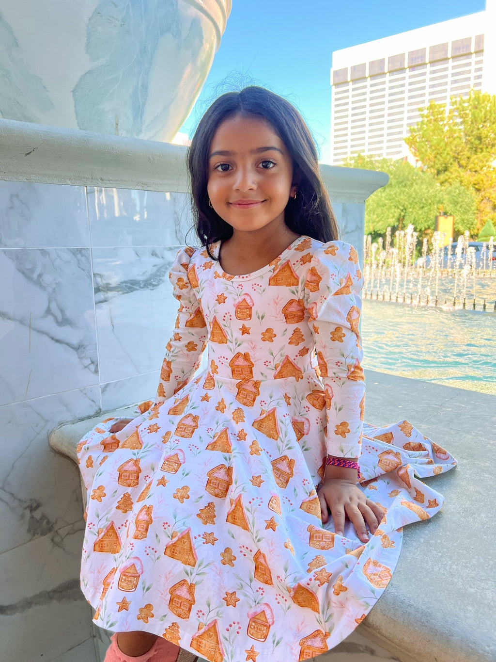 Gingerbread Village Puff Sleeve Twirl Dress