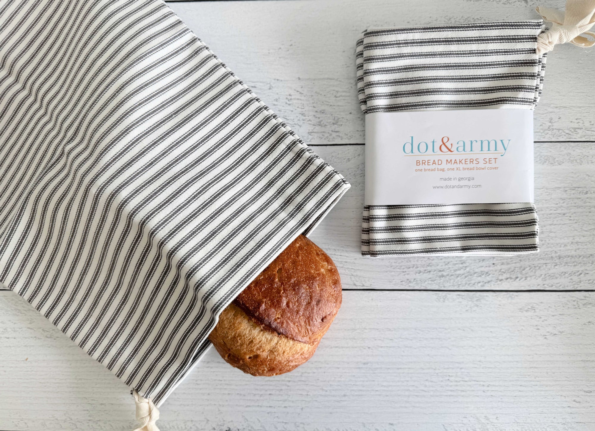 Grey Ticking Stripe Bread Bags, set of two