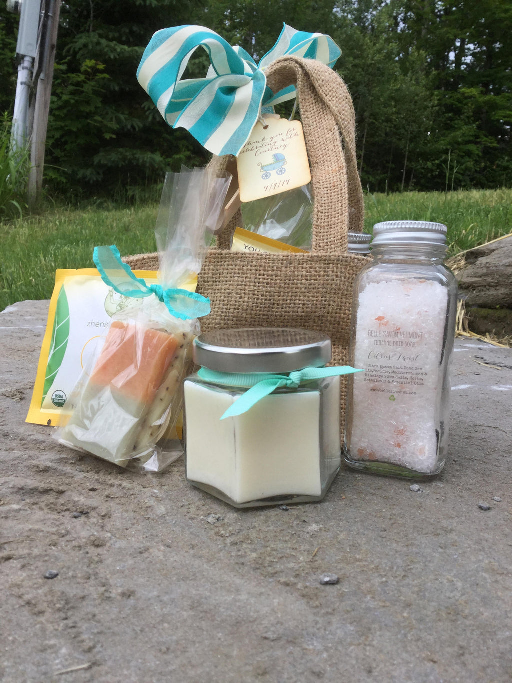 Pamper Me Spa Set with Mineral Bath, Soap, Candle and Tea -Artisan Soap and Bath Salts-Weddings-Bridal-Baby Showers-Belle Savon Vermont