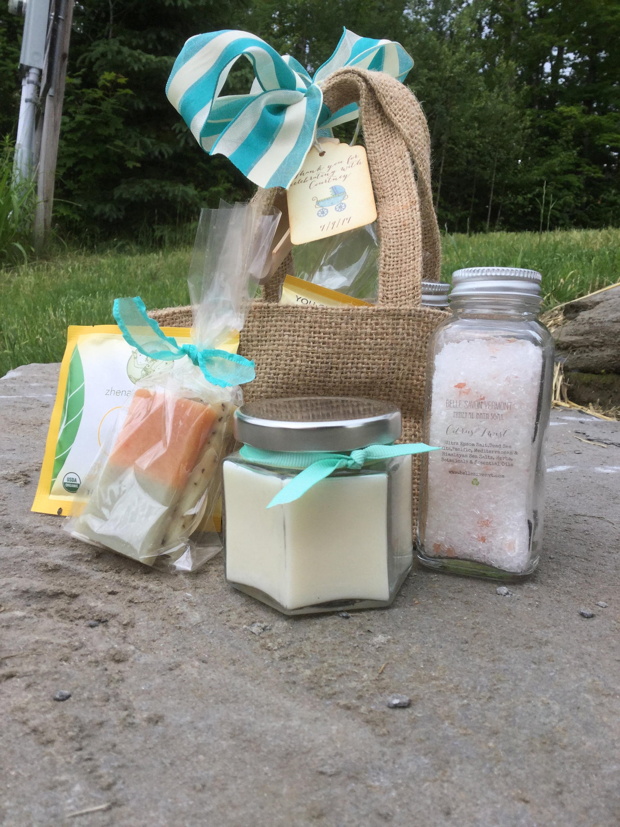 Pamper Me Spa Set with Mineral Bath, Soap, Candle and Tea -Artisan Soap and Bath Salts-Weddings-Bridal-Baby Showers-Belle Savon Vermont