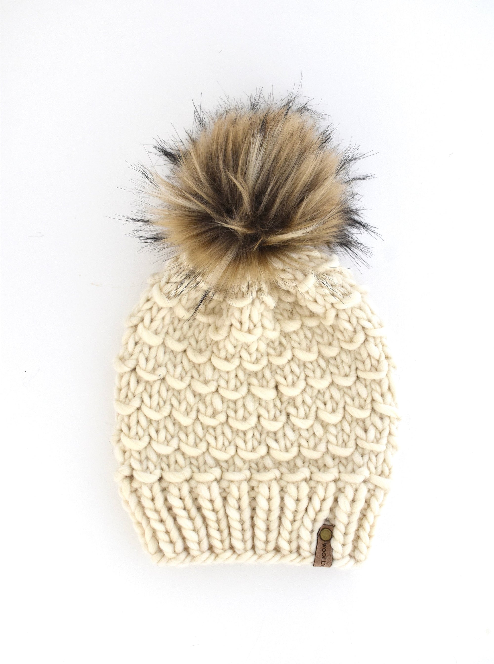 Ivory Peruvian Wool Knit Hat with Faux Fur Pom Pom