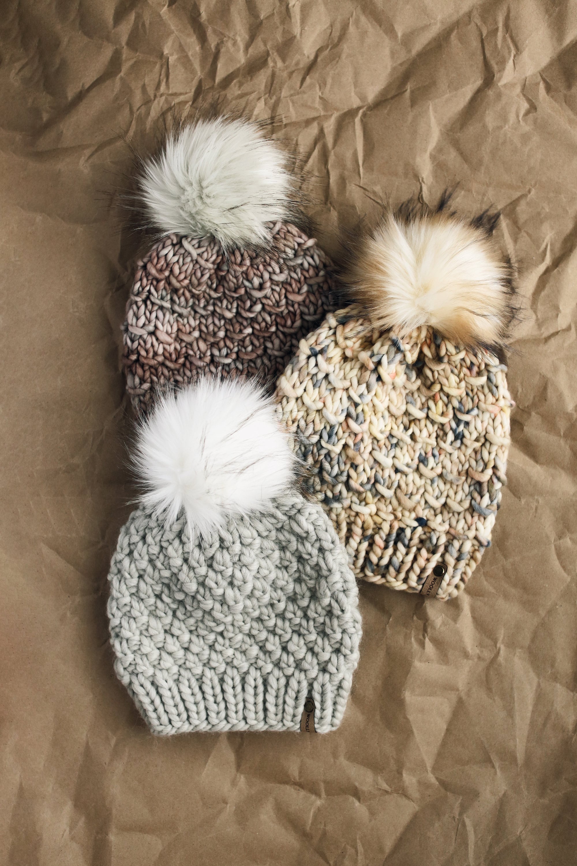 Pearl Gray Merino Wool Knit Hat with Faux Fur Pom Pom