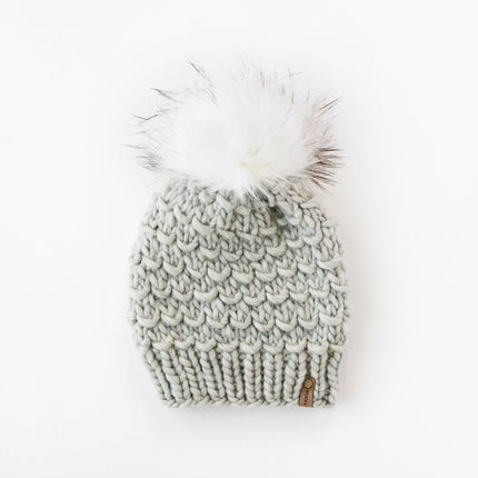 Light Gray Peruvian Wool Knit Hat with Faux Fur Pom Pom