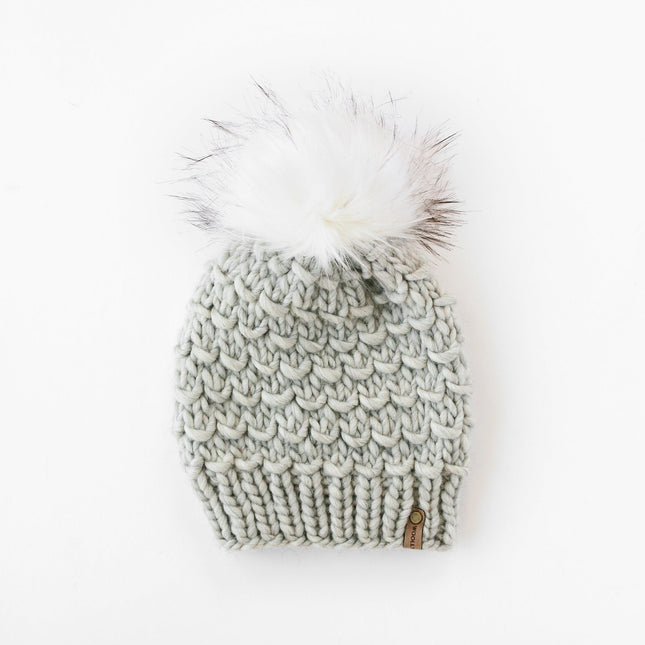 Light Gray Peruvian Wool Knit Hat with Faux Fur Pom Pom