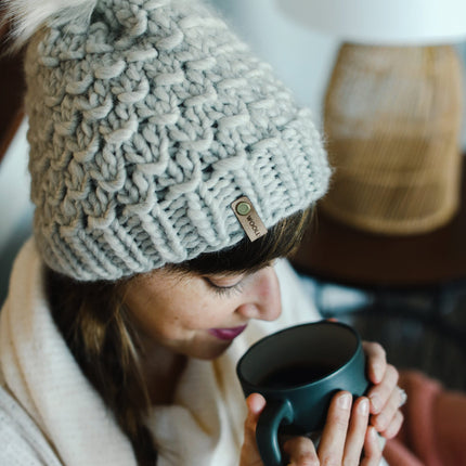Light Gray Peruvian Wool Knit Hat with Faux Fur Pom Pom