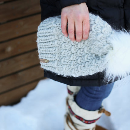 Light Gray Peruvian Wool Knit Hat with Faux Fur Pom Pom