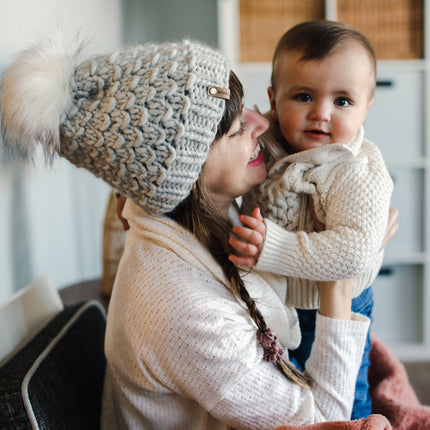 Light Gray Peruvian Wool Knit Hat with Faux Fur Pom Pom