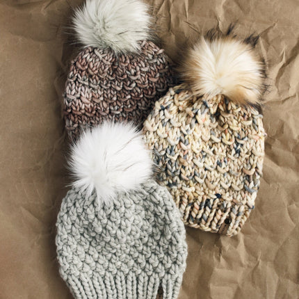 Light Gray Peruvian Wool Knit Hat with Faux Fur Pom Pom
