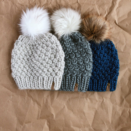Light Gray Peruvian Wool Knit Hat with Faux Fur Pom Pom