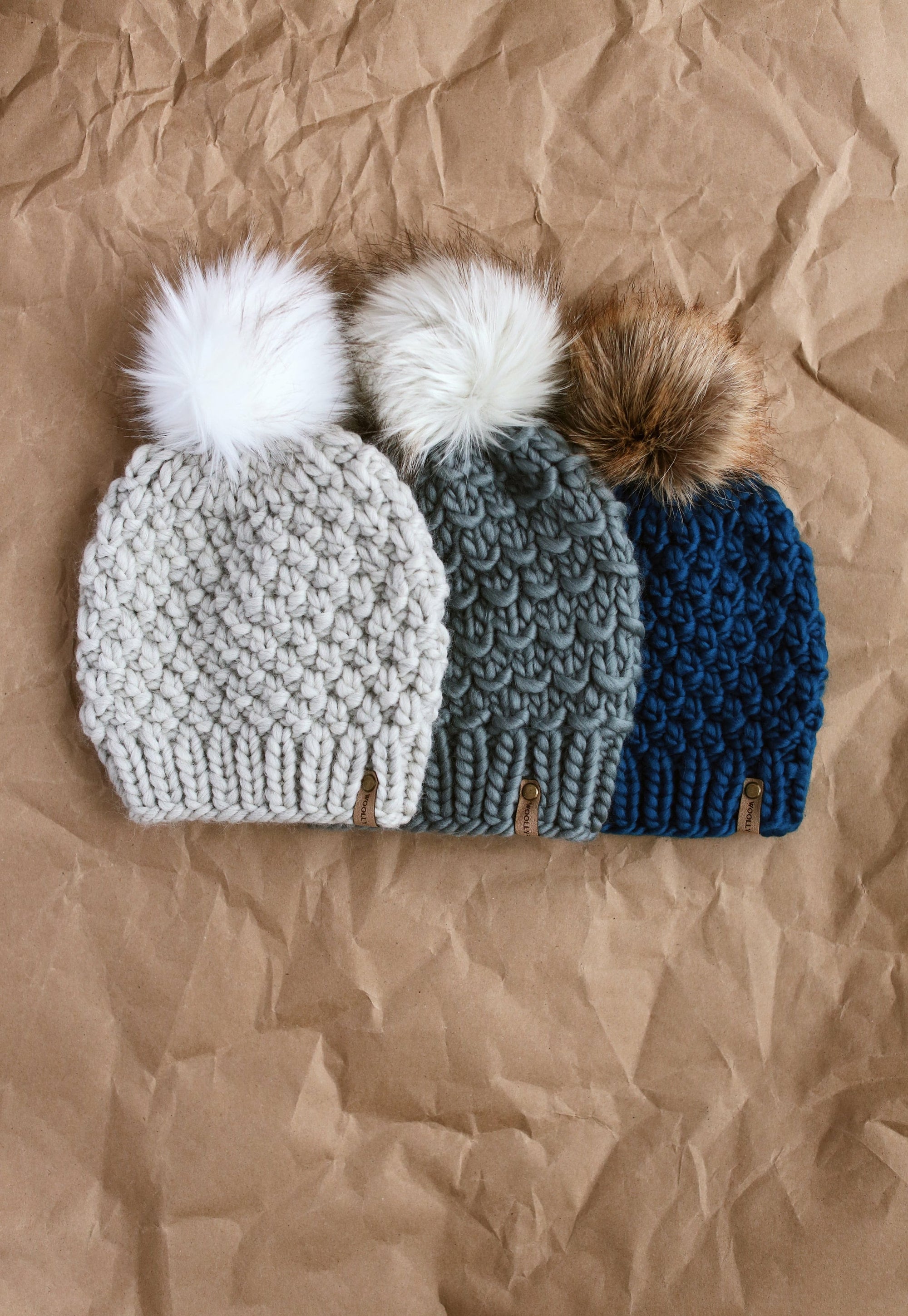 Light Gray Peruvian Wool Knit Hat with Faux Fur Pom Pom