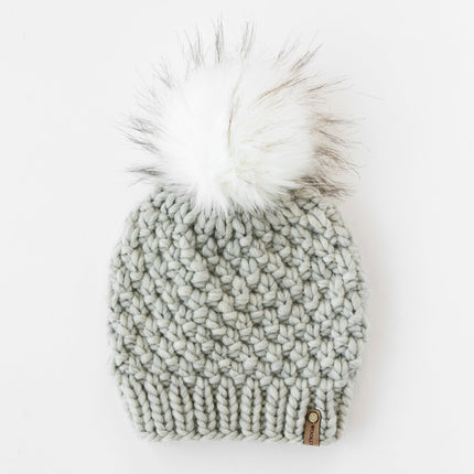 Light Gray Peruvian Wool Knit Hat with Faux Fur Pom Pom