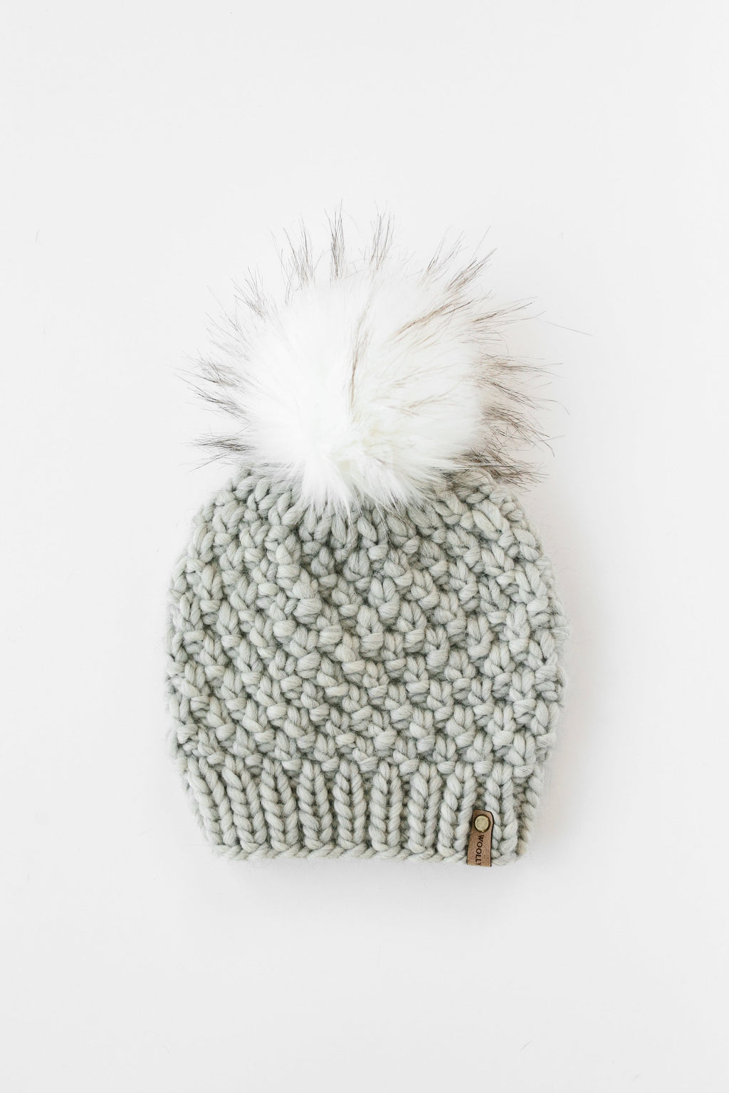 Light Gray Peruvian Wool Knit Hat with Faux Fur Pom Pom