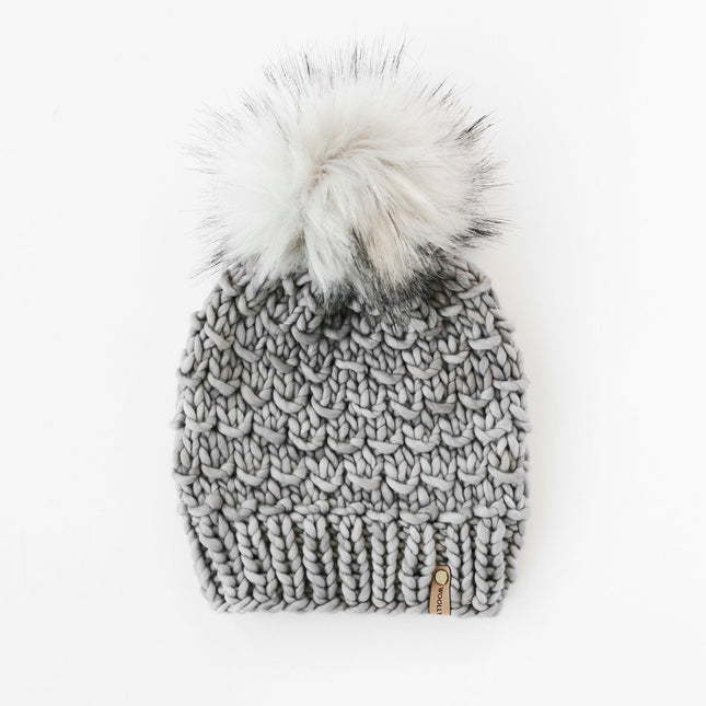 Gray Merino Wool Knit Hat with Faux Fur Pom Pom