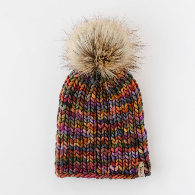 Brown Multi-Color Merino Wool Ribbed Knit Hat with Faux Fur Pom Pom