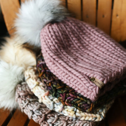 Brown Multi-Color Merino Wool Knit Hat with Faux Fur Pom Pom